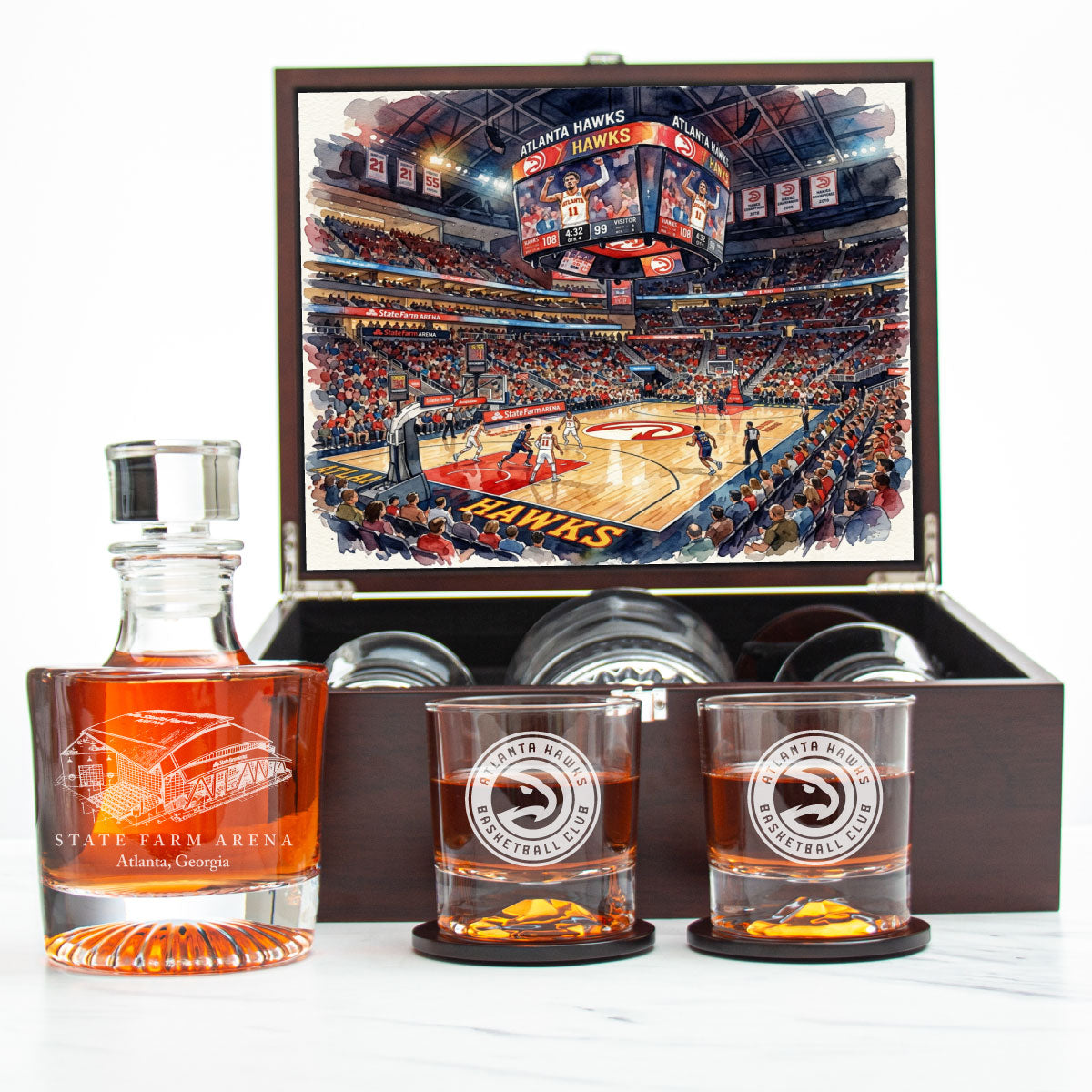 Atlanta Hawks Decanter Set - Artistic Basketball Arena Rendering with Luxury Wood Box