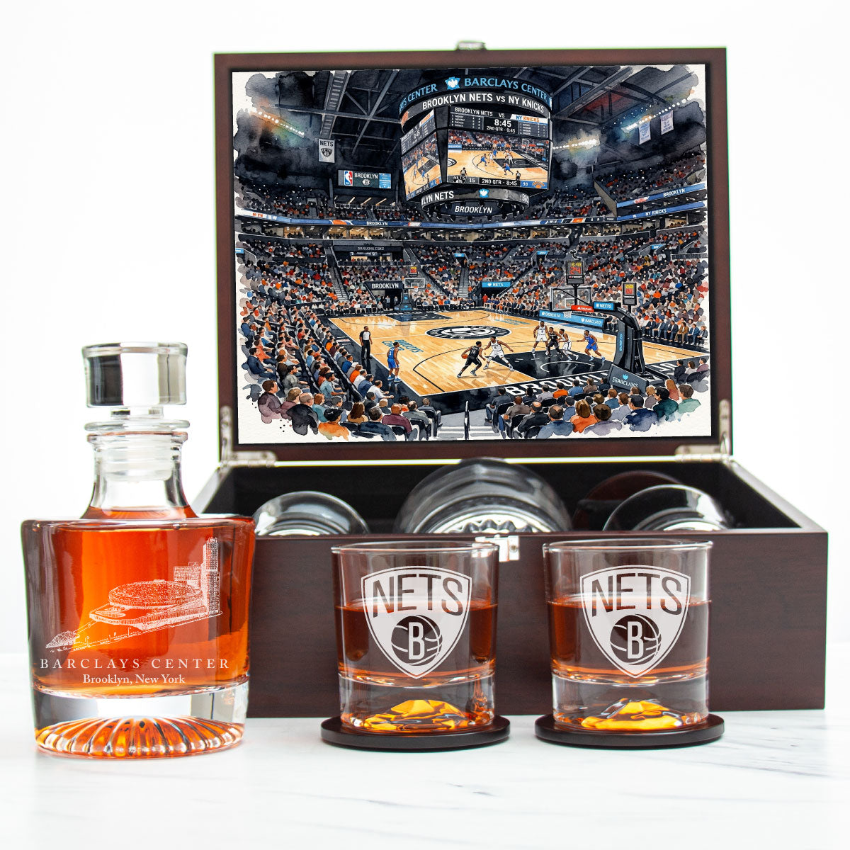 Brooklyn Nets Decanter Set - Artistic Basketball Arena Rendering with Luxury Wood Box