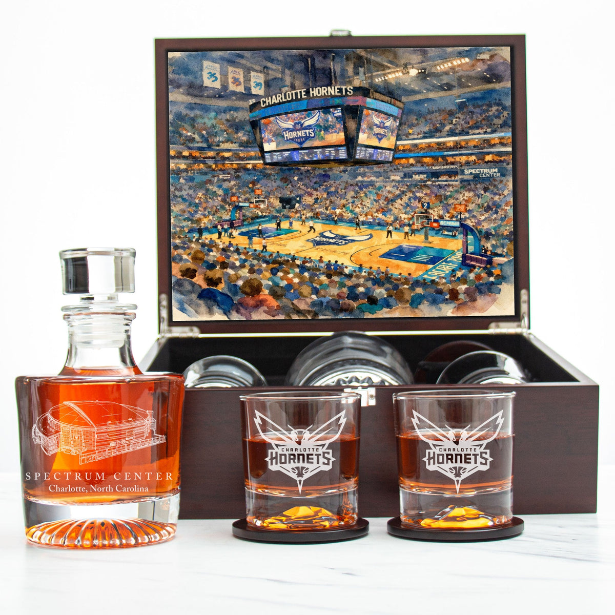 Charlotte Hornets Decanter Set - Artistic Basketball Arena Rendering with Luxury Wood Box
