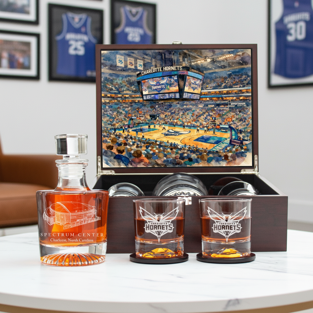 Charlotte Hornets Decanter Set - Artistic Basketball Arena Rendering with Luxury Wood Box