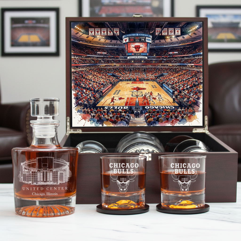 Chicago Bulls Decanter Set - Artistic Basketball Arena Rendering with Luxury Wood Box