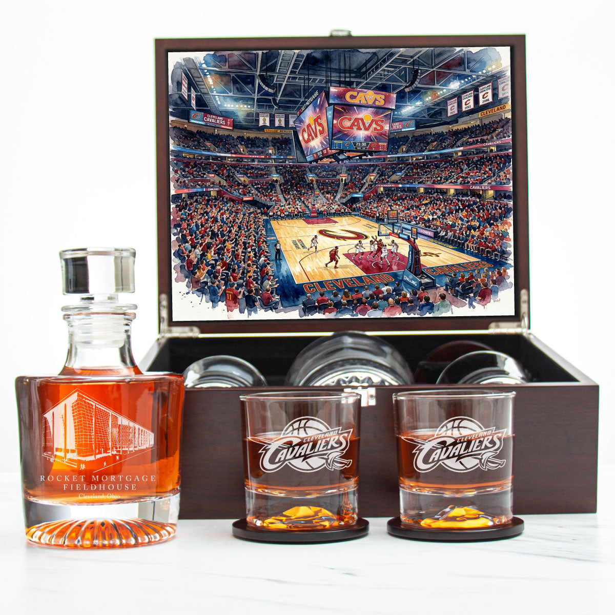 Cleveland Cavaliers Decanter Set - Artistic Basketball Arena Rendering with Luxury Wood Box