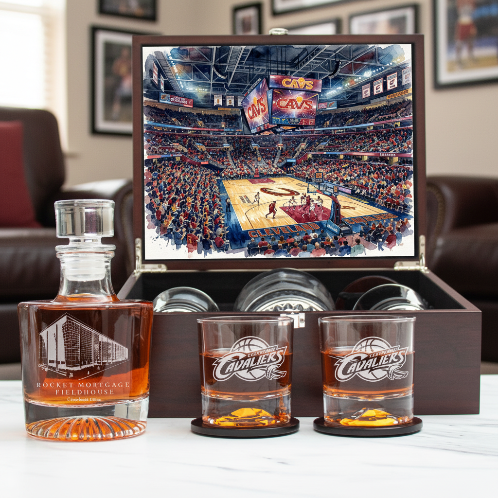 Cleveland Cavaliers Decanter Set - Artistic Basketball Arena Rendering with Luxury Wood Box