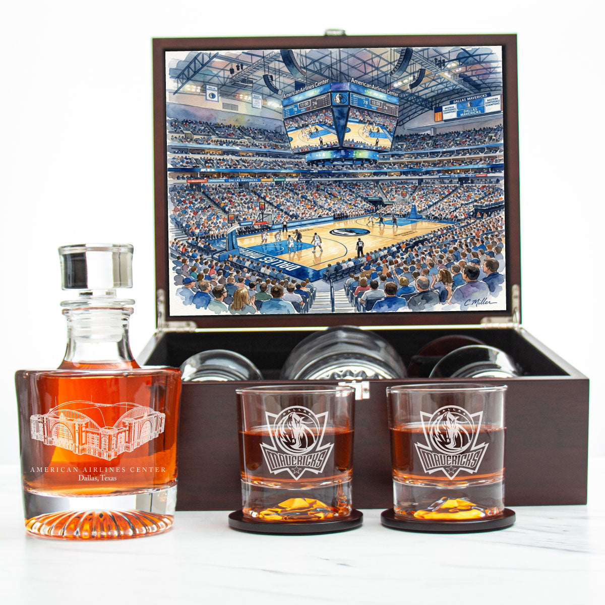 Dallas Mavericks Decanter Set - Artistic Basketball Arena Rendering with Luxury Wood Box