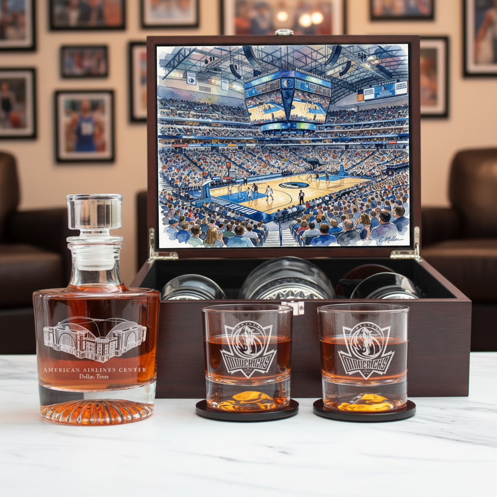 Dallas Mavericks Decanter Set - Artistic Basketball Arena Rendering with Luxury Wood Box
