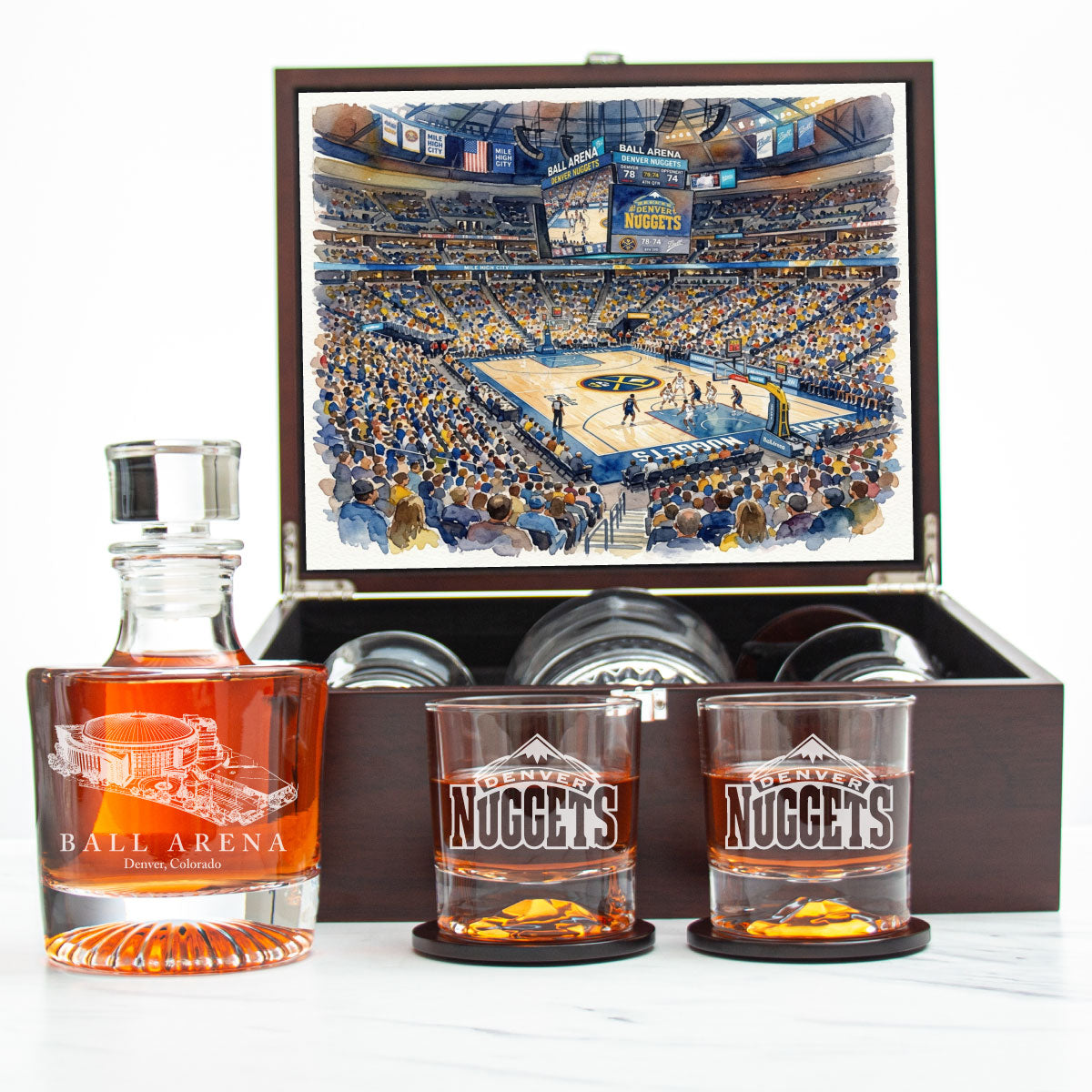 Denver Nuggets Decanter Set - Artistic Basketball Arena Rendering with Luxury Wood Box