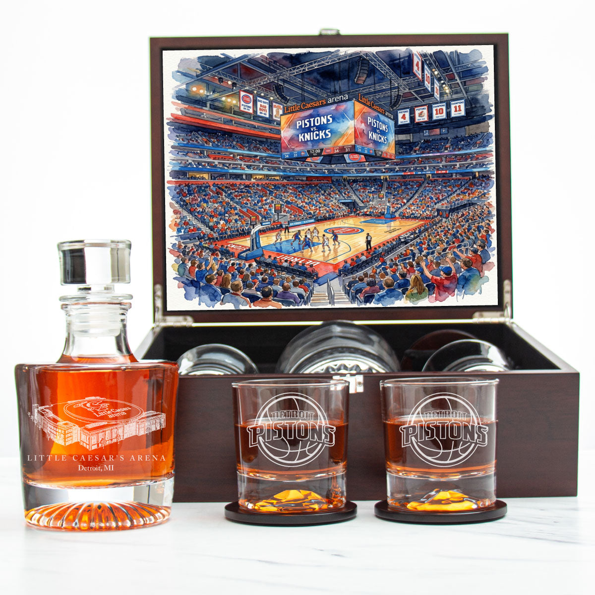 Detroit Pistons Decanter Set - Artistic Basketball Arena Rendering with Luxury Wood Box