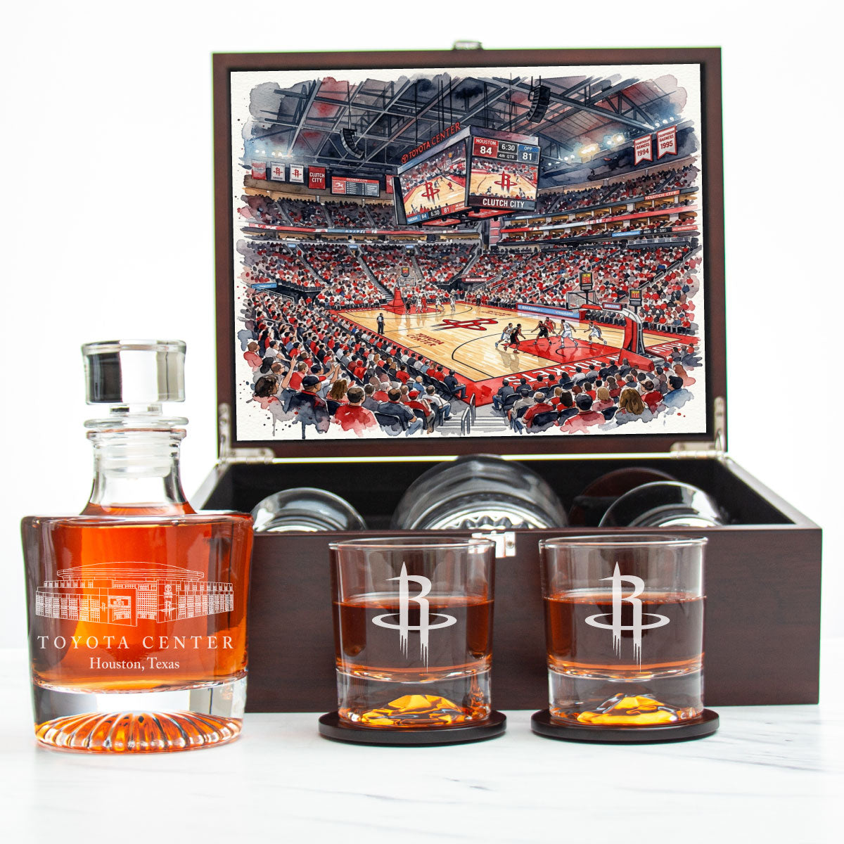 Houston Rockets Decanter Set - Artistic Basketball Arena Rendering with Luxury Wood Box