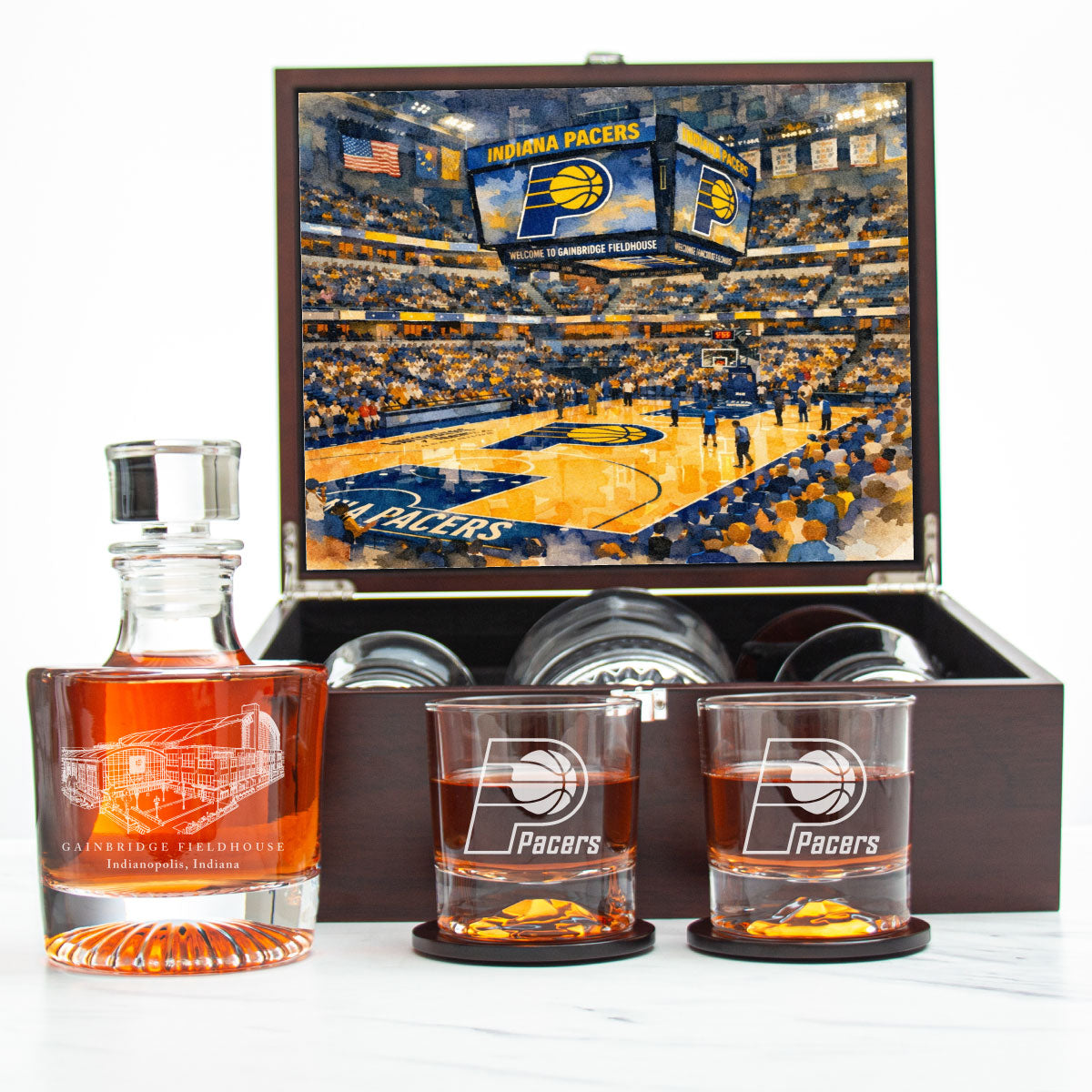 Indiana Pacers Decanter Set - Artistic Basketball Arena Rendering with Luxury Wood Box
