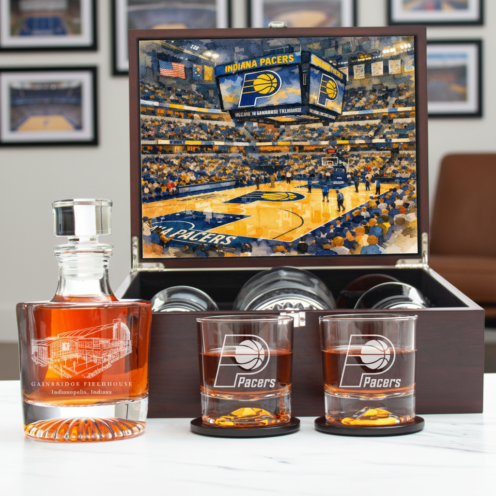 Indiana Pacers Decanter Set - Artistic Basketball Arena Rendering with Luxury Wood Box