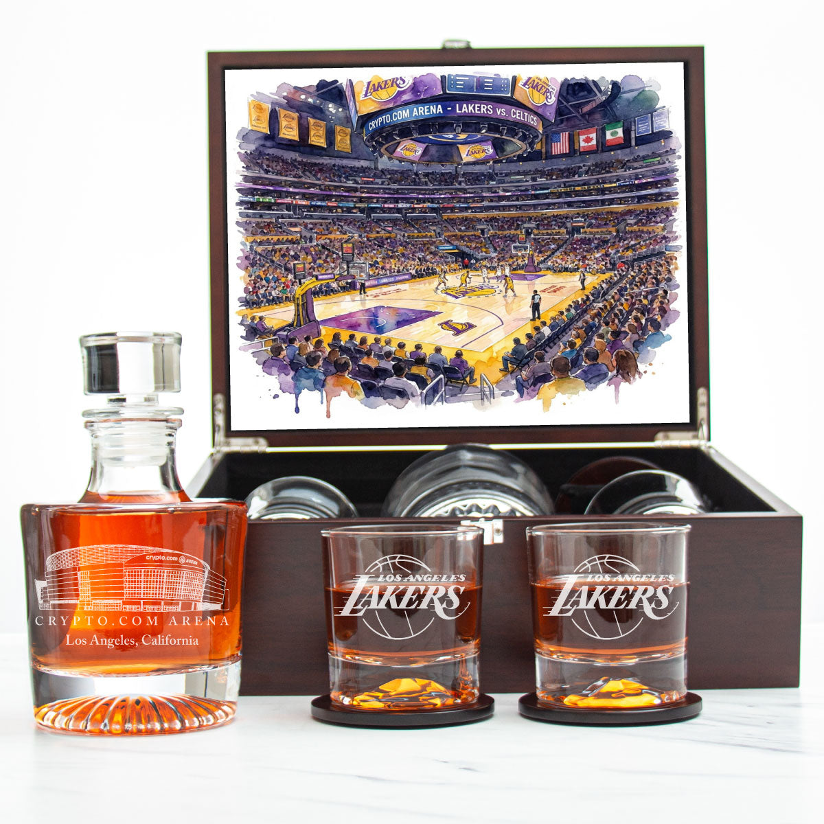 Los Angeles Lakers Decanter Set - Artistic Basketball Arena Rendering with Luxury Wood Box