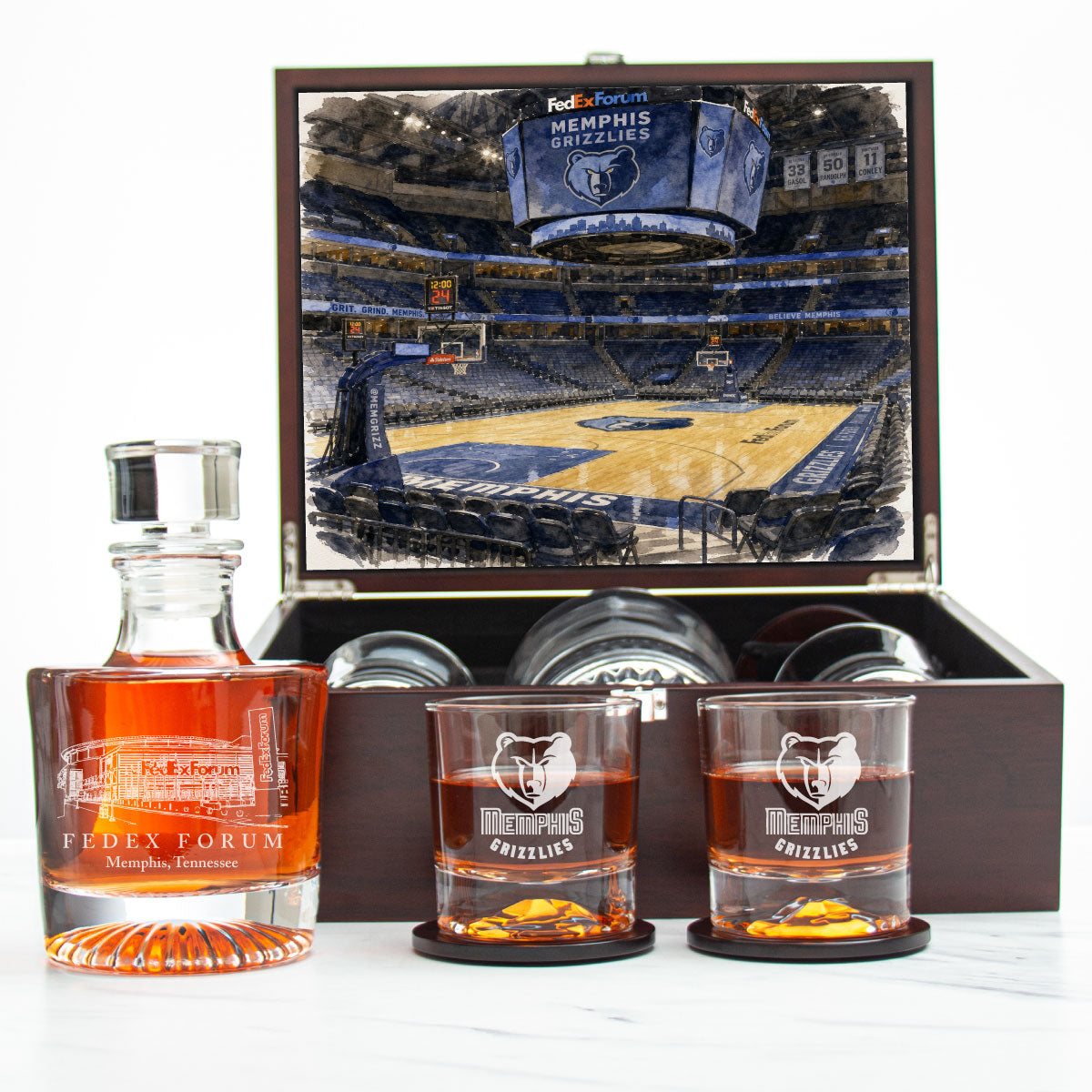 Memphis Grizzlies Decanter Set - Artistic Basketball Arena Rendering with Luxury Wood Box
