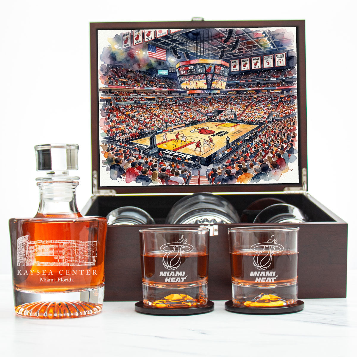 Miami Heat Decanter Set - Artistic Basketball Arena Rendering with Luxury Wood Box