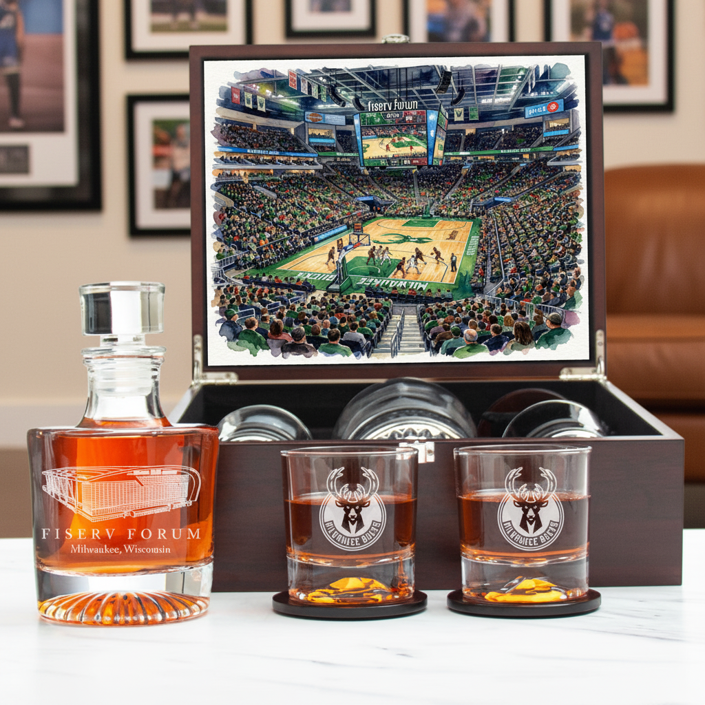 Milwaukee Bucks Decanter Set - Artistic Basketball Arena Rendering with Luxury Wood Box