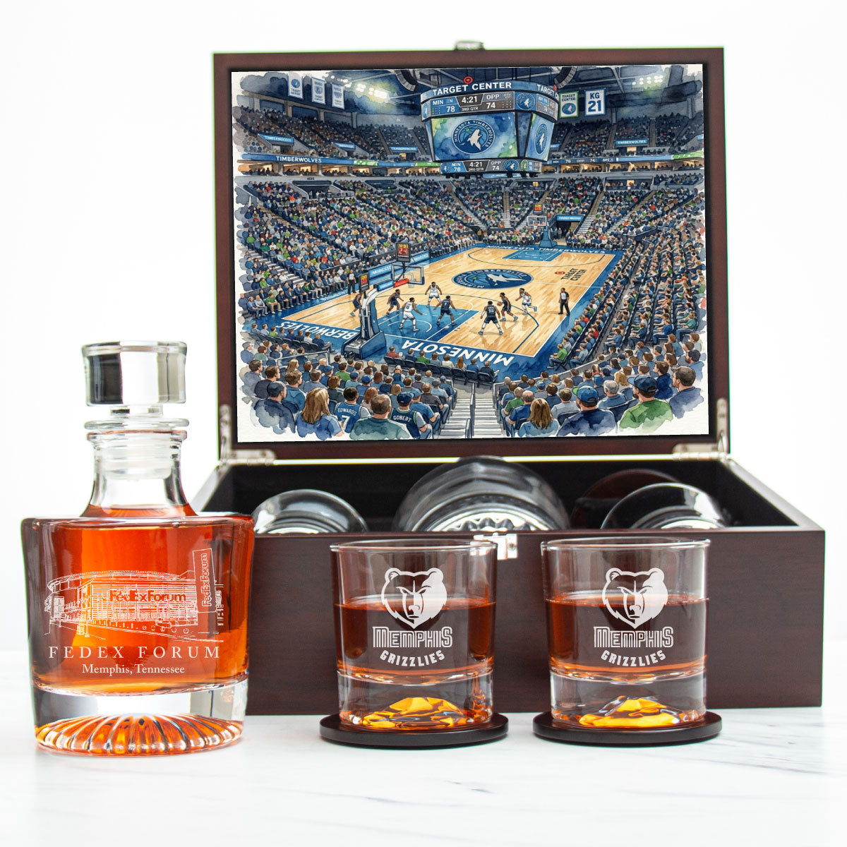 Minnesota Timberwolves Decanter Set - Artistic Basketball Arena Rendering with Luxury Wood Box