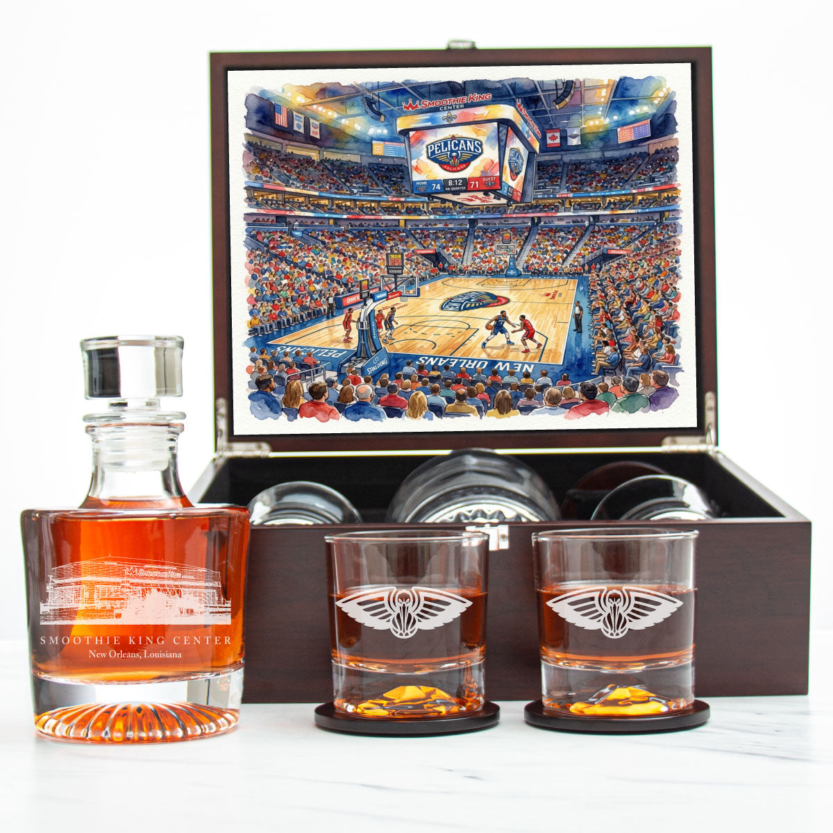New Orleans Pelicans Decanter Set - Artistic Basketball Arena Rendering with Luxury Wood Box