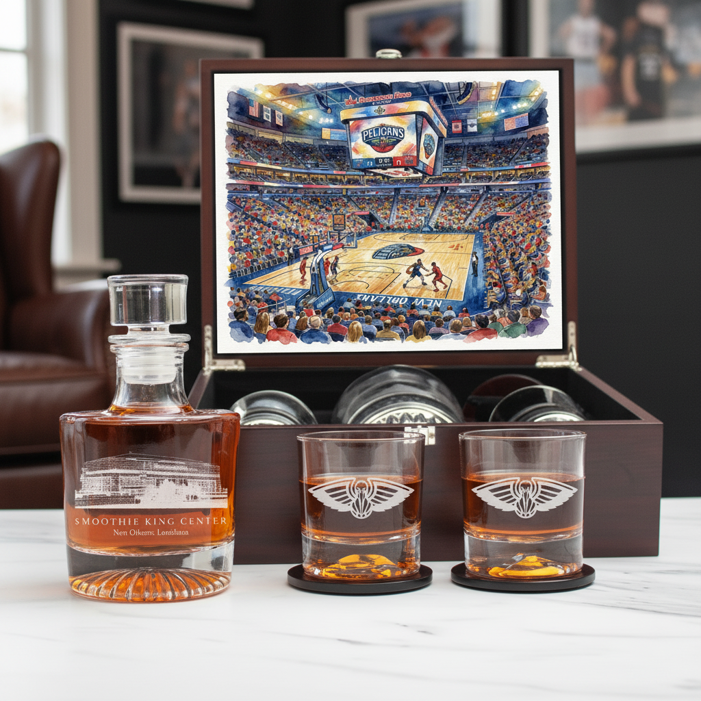 New Orleans Pelicans Decanter Set - Artistic Basketball Arena Rendering with Luxury Wood Box