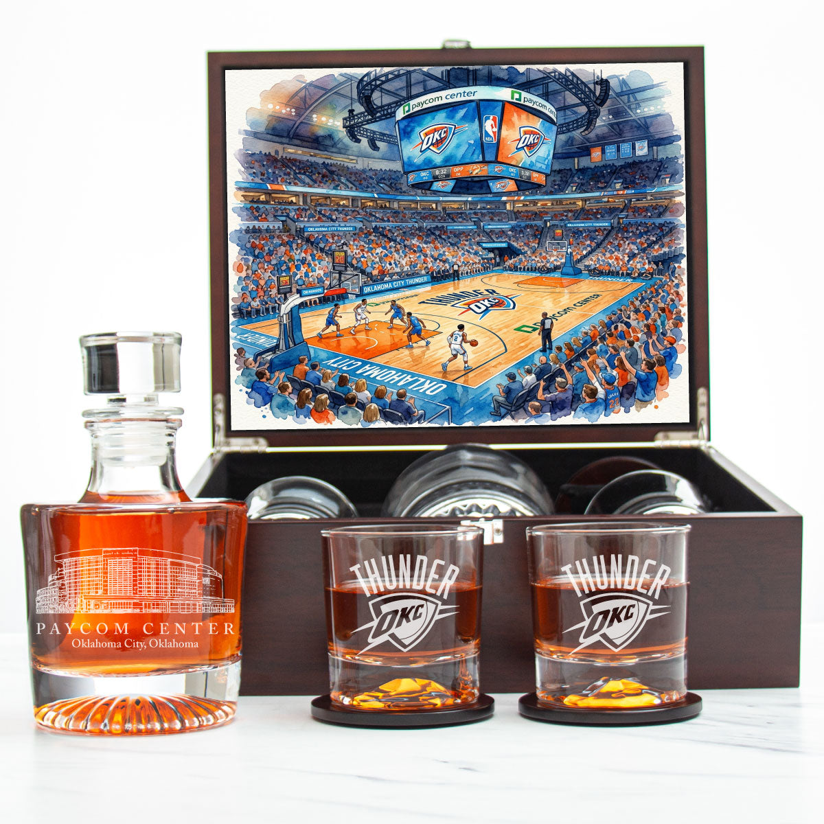 Oklahoma City Thunder Decanter Set - Artistic Basketball Arena Rendering with Luxury Wood Box