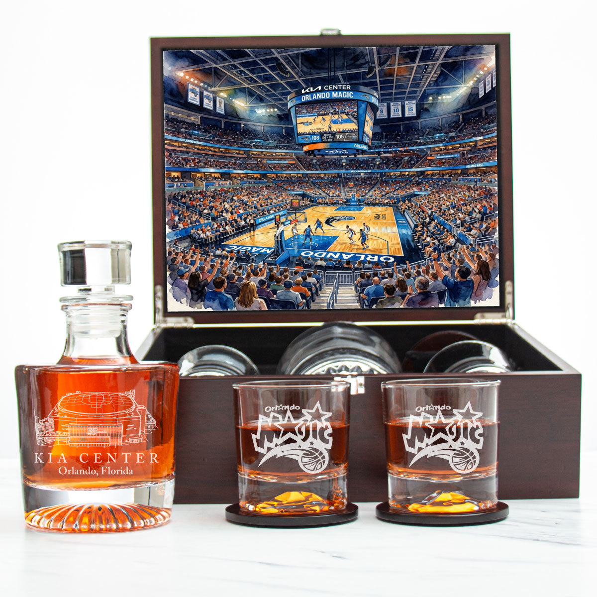 Orlando Magic Decanter Set - Artistic Basketball Arena Rendering with Luxury Wood Box