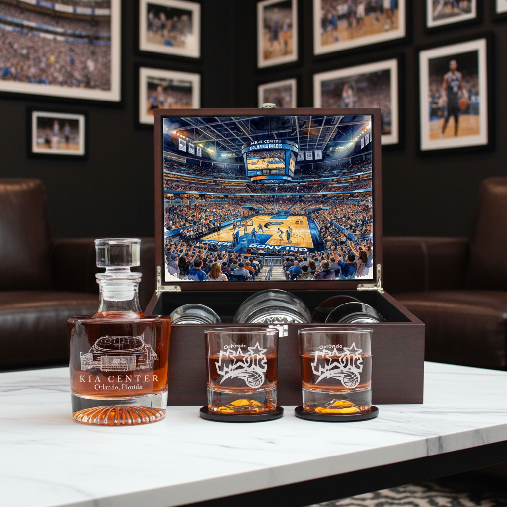 Orlando Magic Decanter Set - Artistic Basketball Arena Rendering with Luxury Wood Box