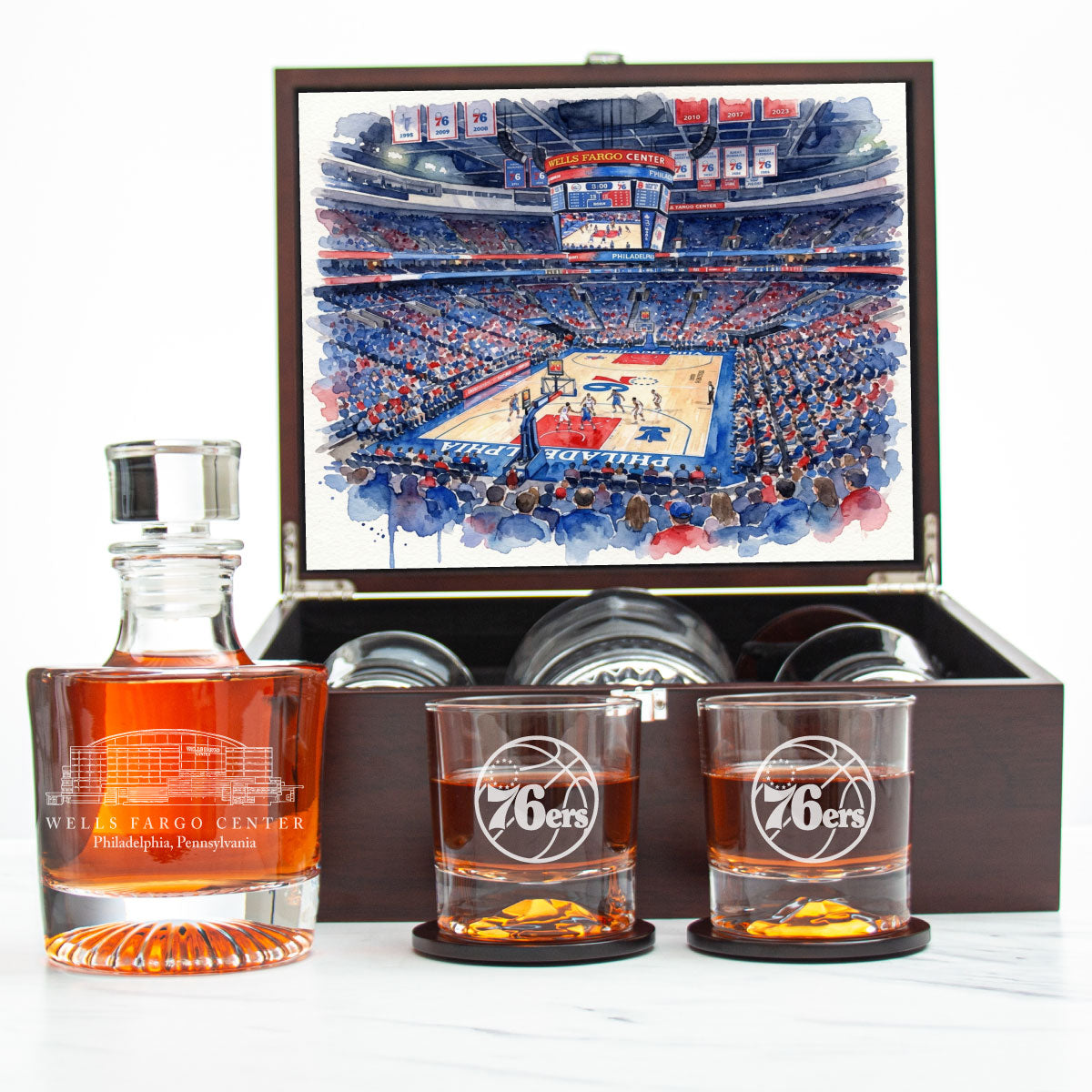 Philadelphia 76ers Decanter Set - Artistic Basketball Arena Rendering with Luxury Wood Box