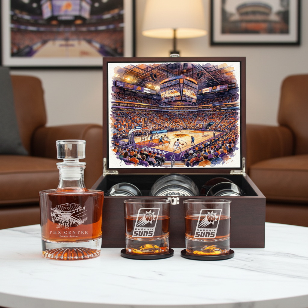 Phoenix Suns Decanter Set - Artistic Basketball Arena Rendering with Luxury Wood Box