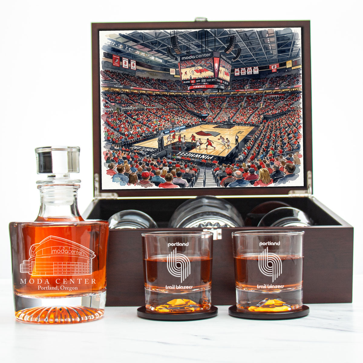 Portland Trail Blazers Decanter Set - Artistic Basketball Arena Rendering with Luxury Wood Box