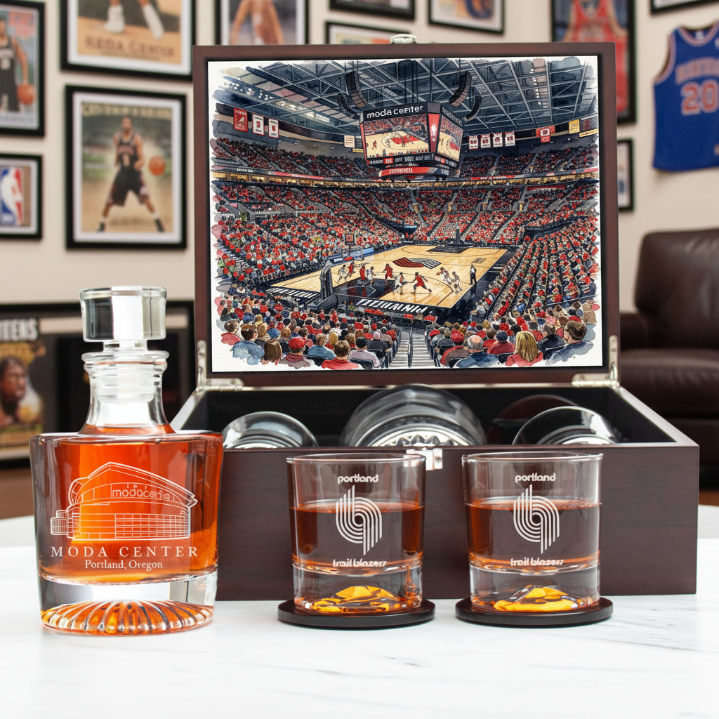 Portland Trail Blazers Decanter Set - Artistic Basketball Arena Rendering with Luxury Wood Box