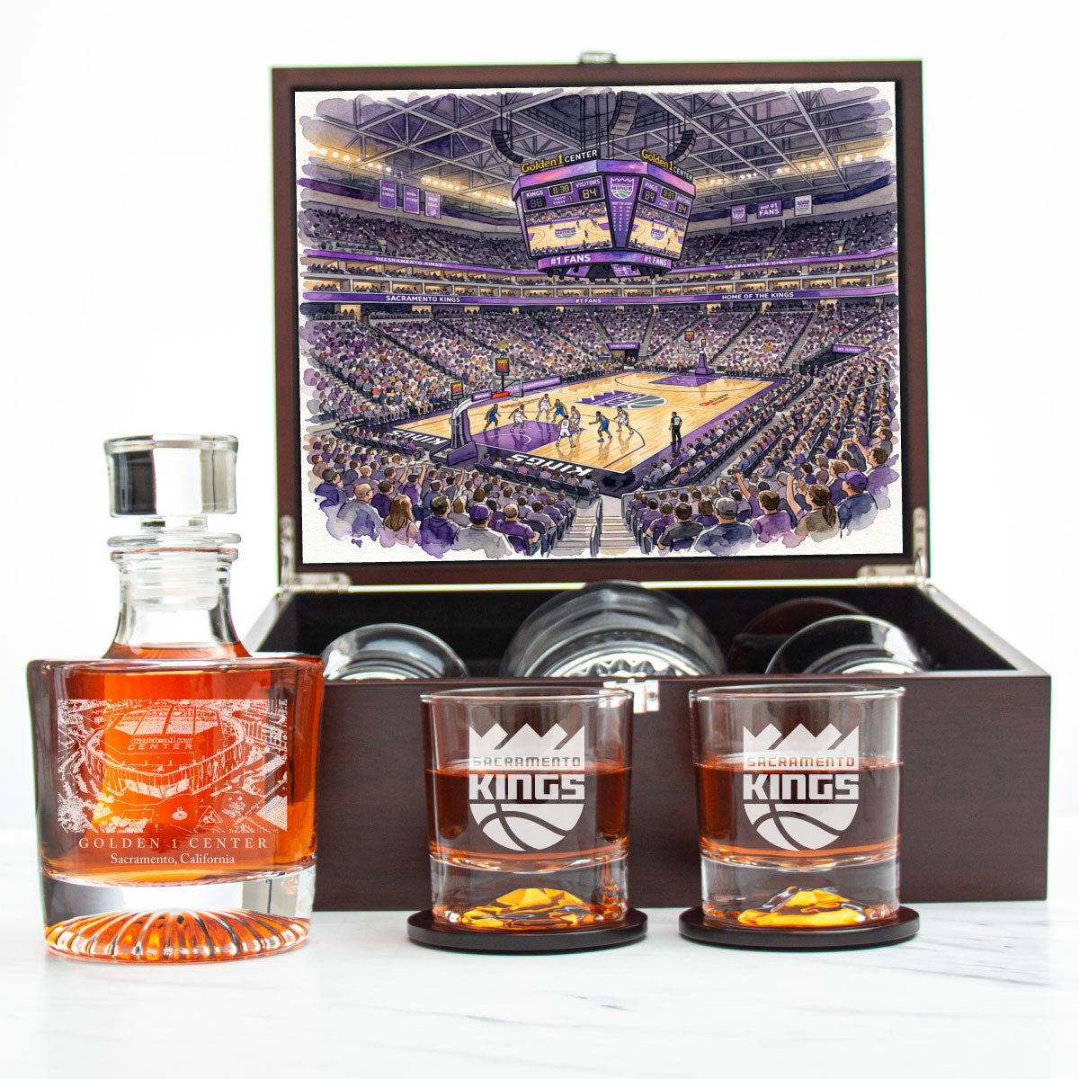 Sacramento Kings Decanter Set - Artistic Basketball Arena Rendering with Luxury Wood Box