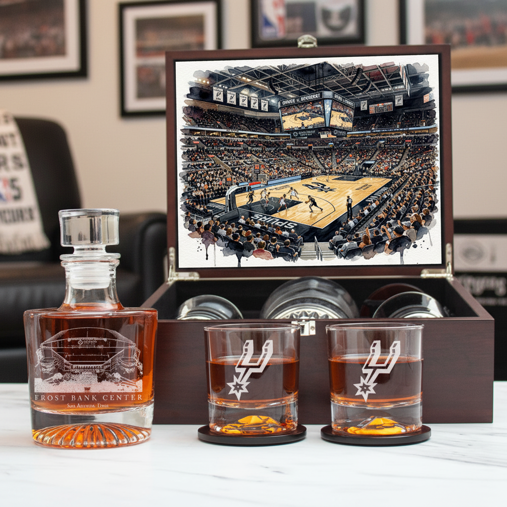 San Antonio Spurs Decanter Set - Artistic Basketball Arena Rendering with Luxury Wood Box