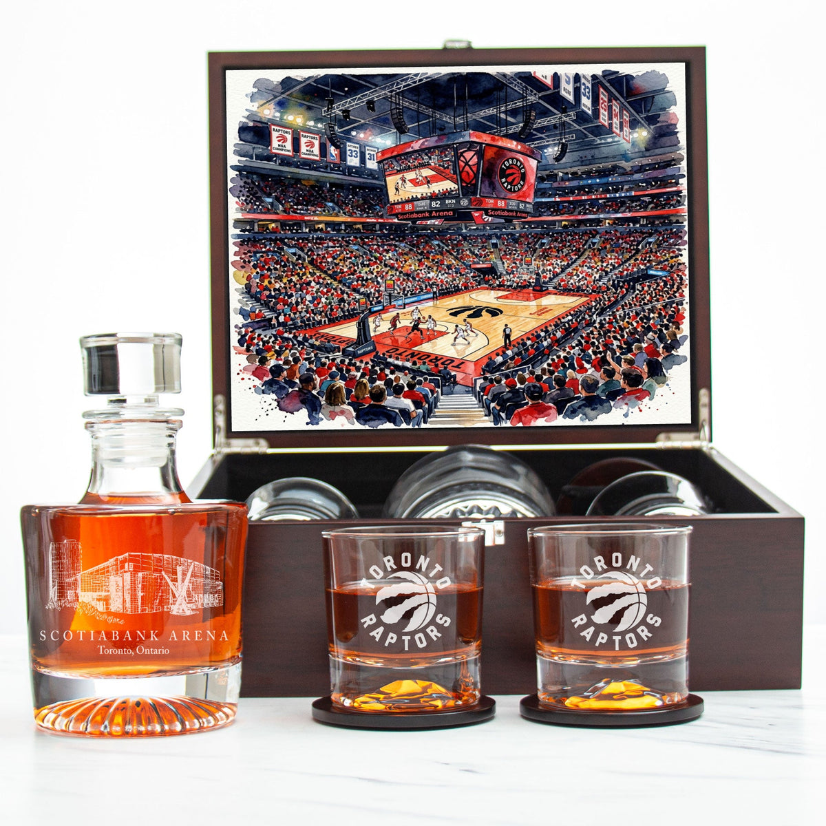 Toronto Raptors Decanter Set - Artistic Basketball Arena Rendering with Luxury Wood Box