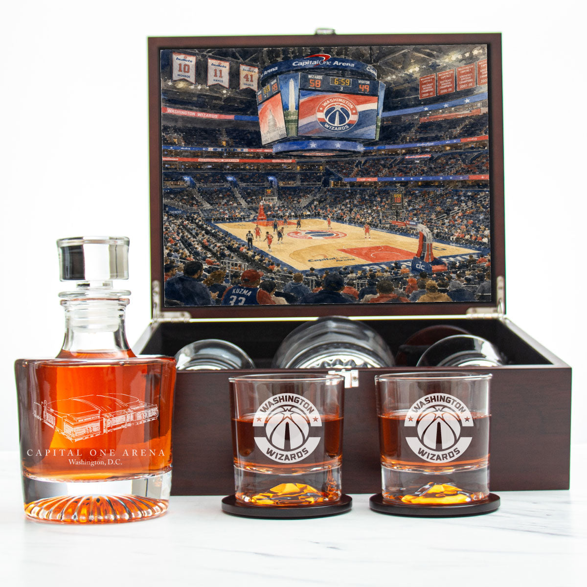 Washington Wizards Decanter Set - Artistic Basketball Arena Rendering with Luxury Wood Box