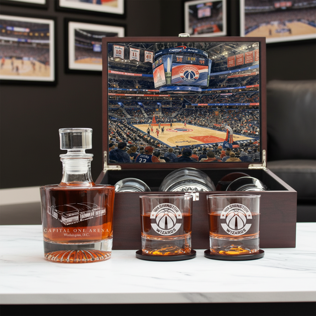 Washington Wizards Decanter Set - Artistic Basketball Arena Rendering with Luxury Wood Box