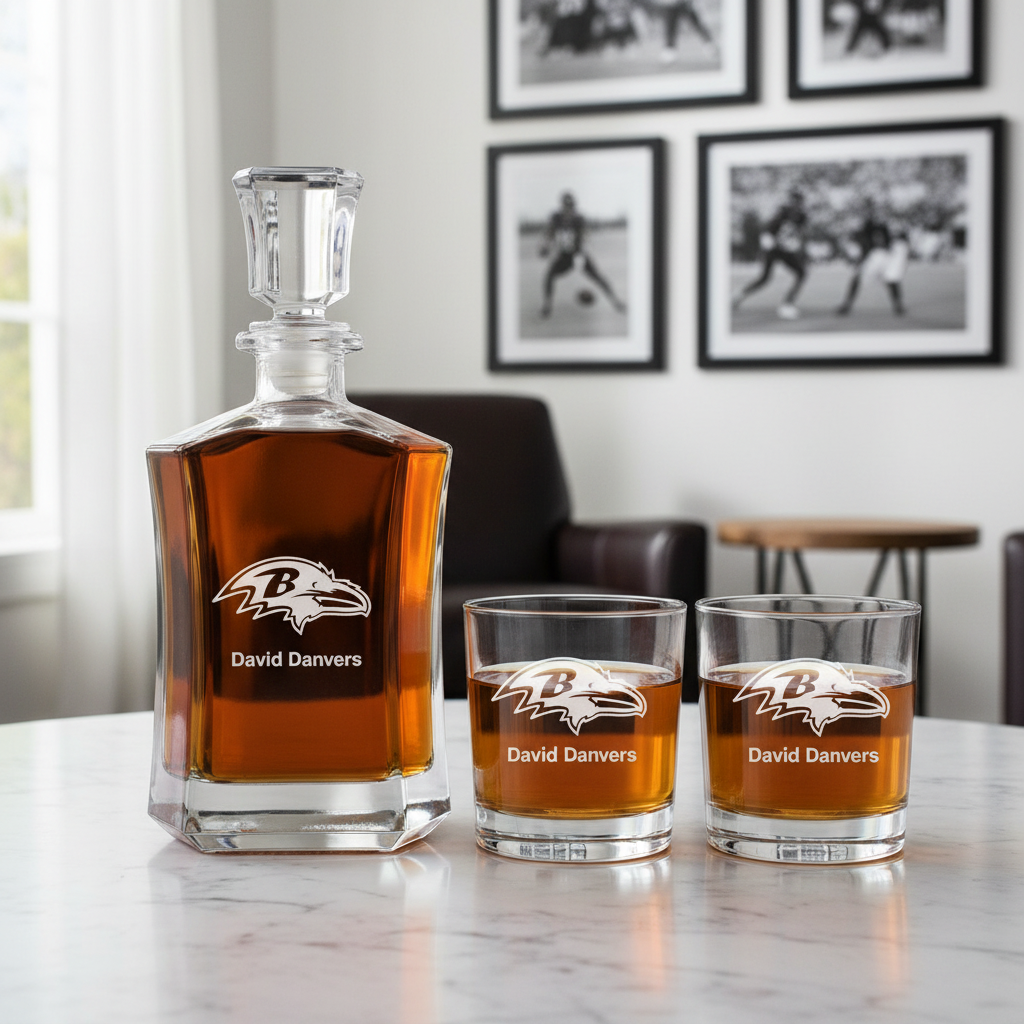 Baltimore Ravens Decanter Gift Set - Football Fanatic Gift Ideas - Crown Classic Personalized Whiskey Decanter Set