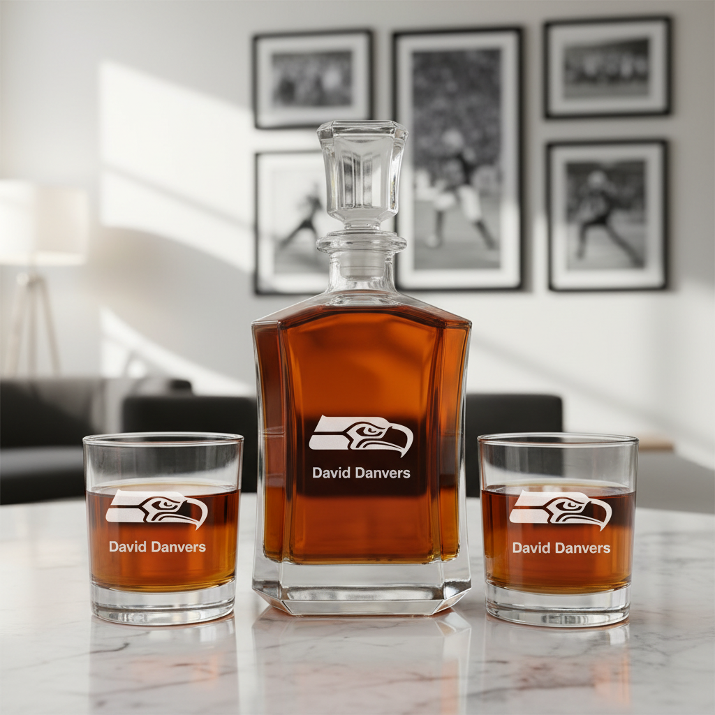 Seattle Seahawks Decanter Gift Set - Football Fanatic Gift Ideas - Crown Classic Personalized Whiskey Decanter Set