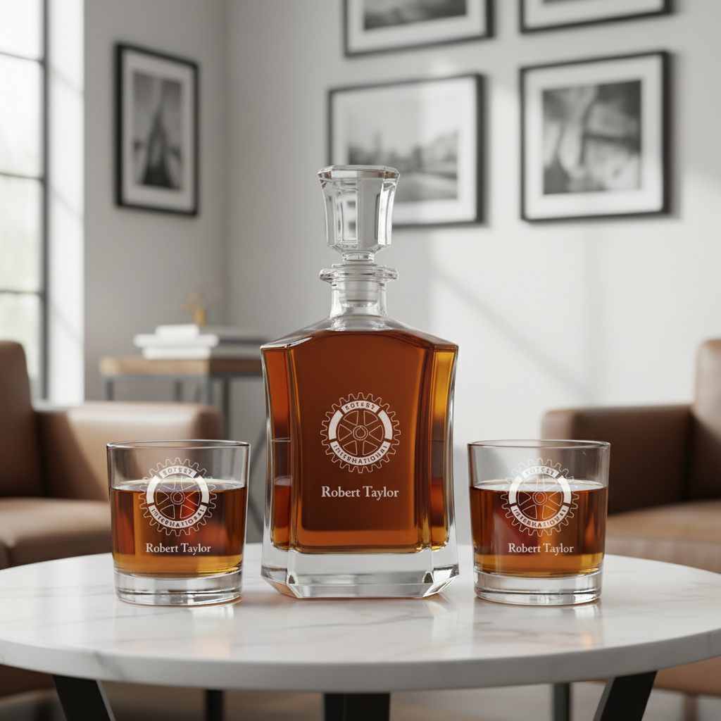 Personalized Rotary International - Custom Decanter Set - Personalized Crown Decanter Set with Whiskey Glasses
