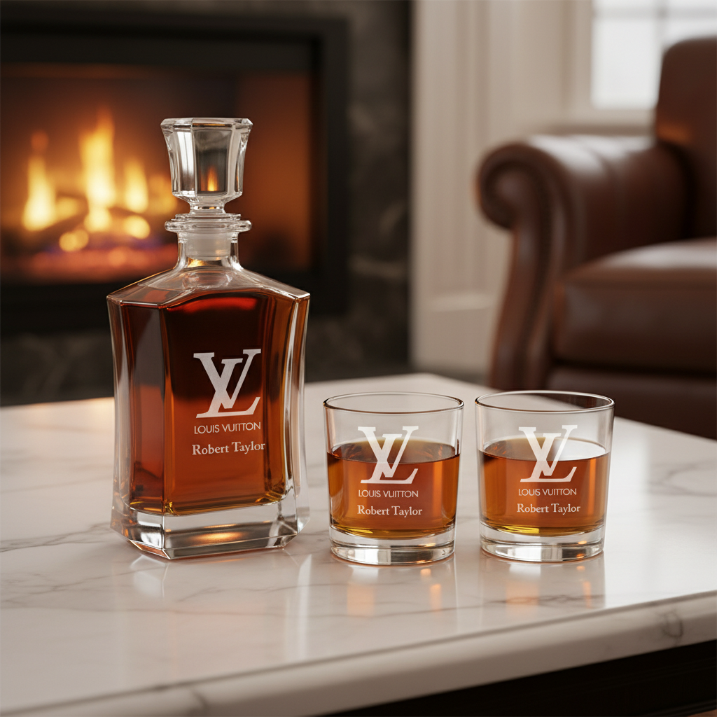 Personalized LV Louis Vuitton - Custom Decanter Set - Personalized Crown Decanter Set with Whiskey Glasses