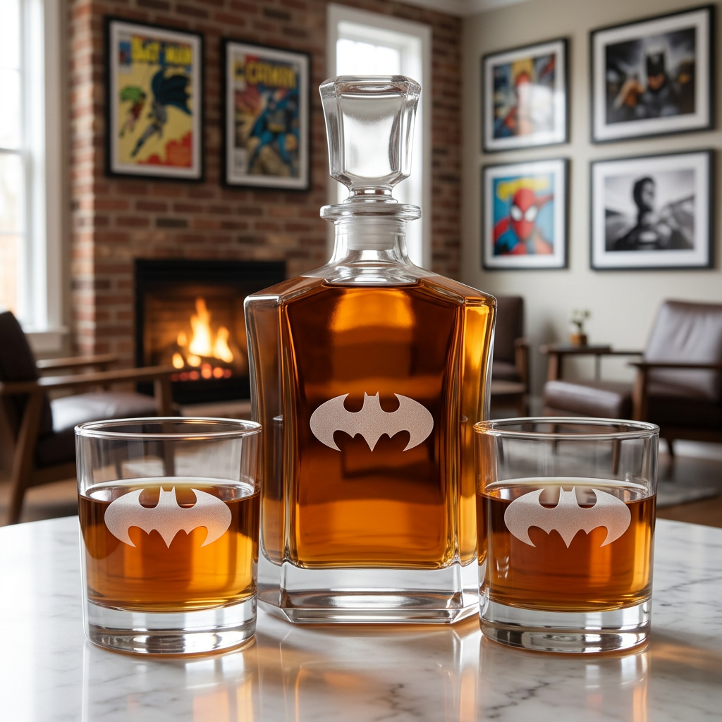 Personalized Batman - Custom Decanter Set - Personalized Crown Decanter Set with Whiskey Glasses