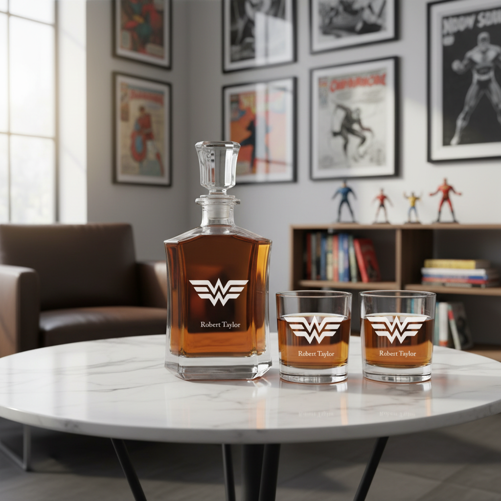 Personalized Wonder Woman Logo - Custom Decanter Set - Personalized Crown Decanter Set with Whiskey Glasses