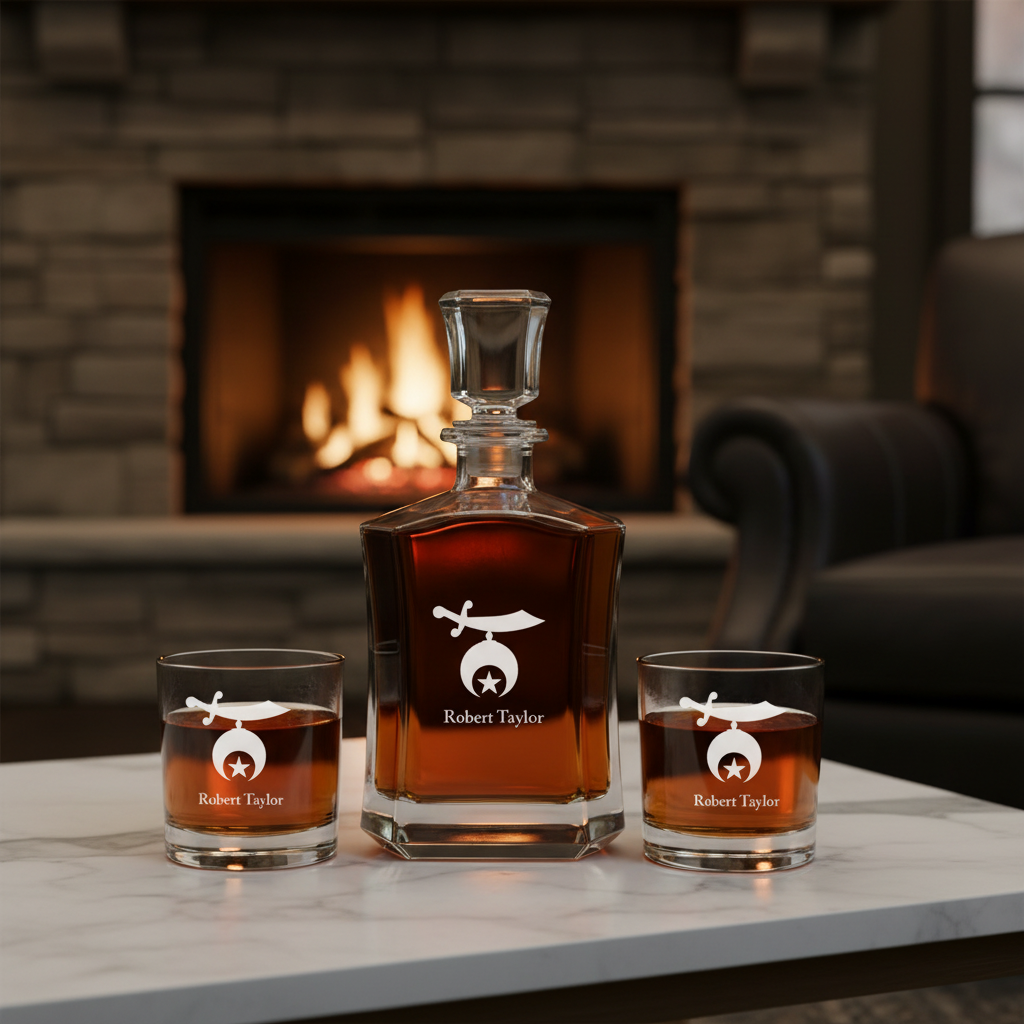 Personalized Modern Shriners Symbol - Custom Decanter Set - Personalized Crown Decanter Set with Whiskey Glasses