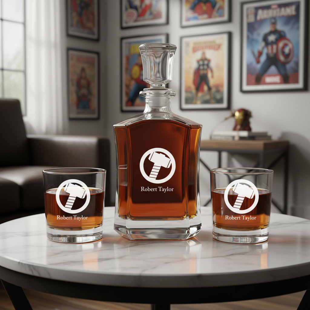 Thor's Mjolnir Hammer Custom Crown Decanter Set - Gifts For Him - Personalized Liquor Decanter Set