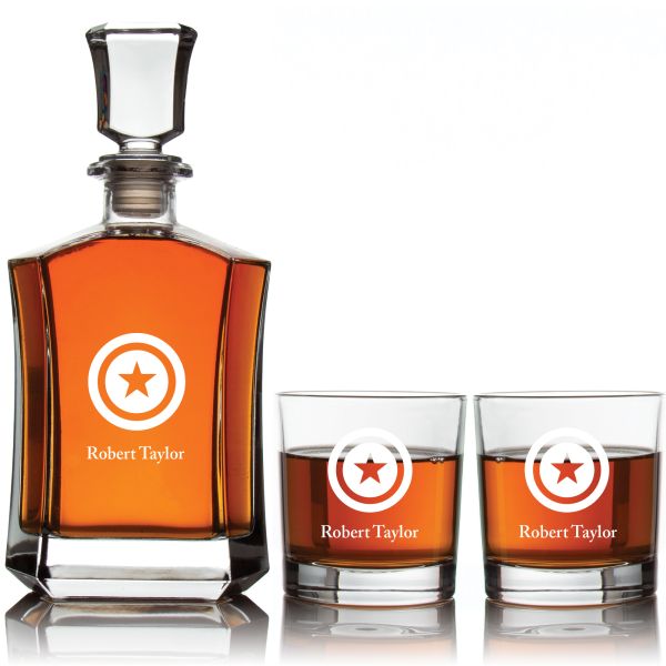Captain Americas Shield Custom Crown Decanter Set - Gifts For Him - Personalized Liquor Decanter Set