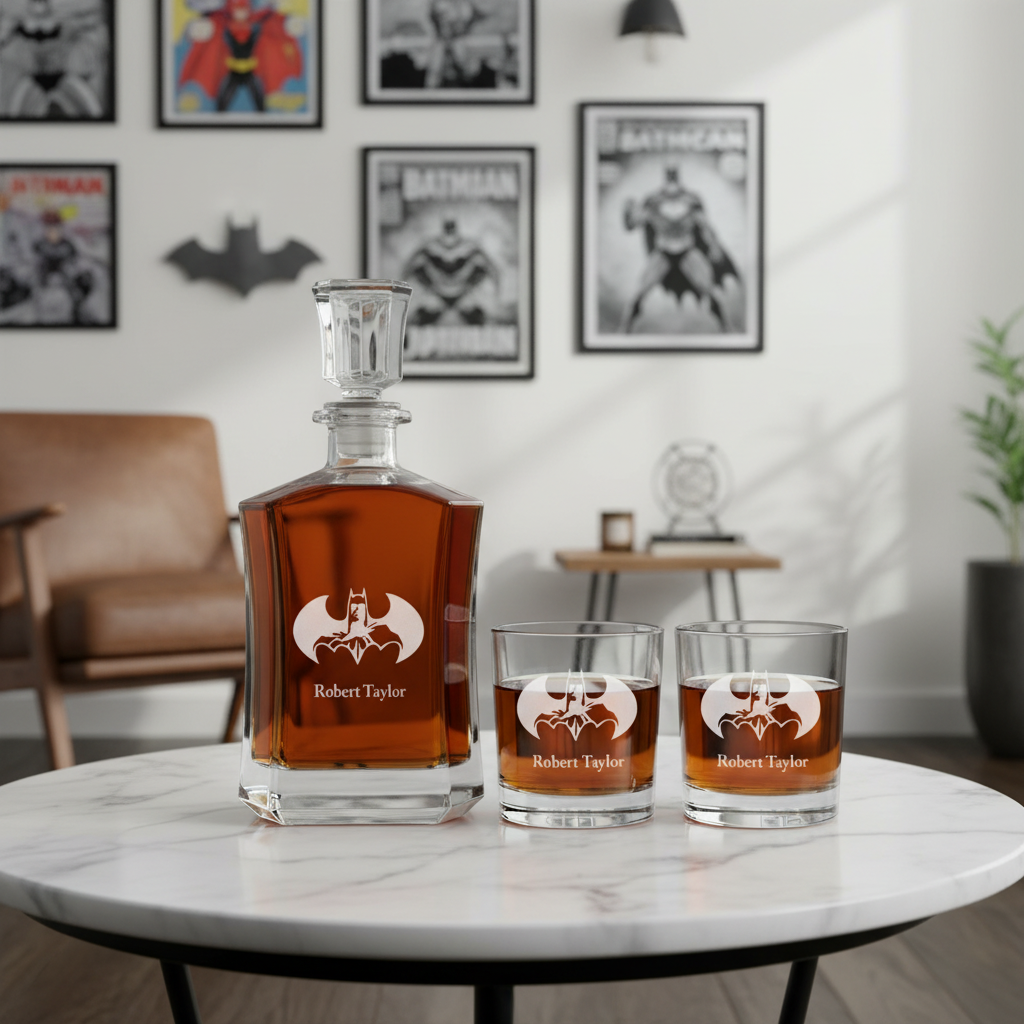 Batman and Silhouette Custom Crown Decanter Set - Gifts For Him - Personalized Liquor Decanter Set