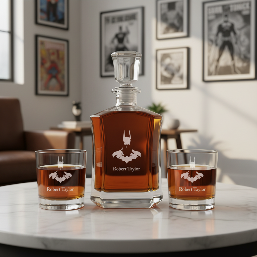 Batman Silhouette Custom Crown Decanter Set - Gifts For Him - Personalized Liquor Decanter Set