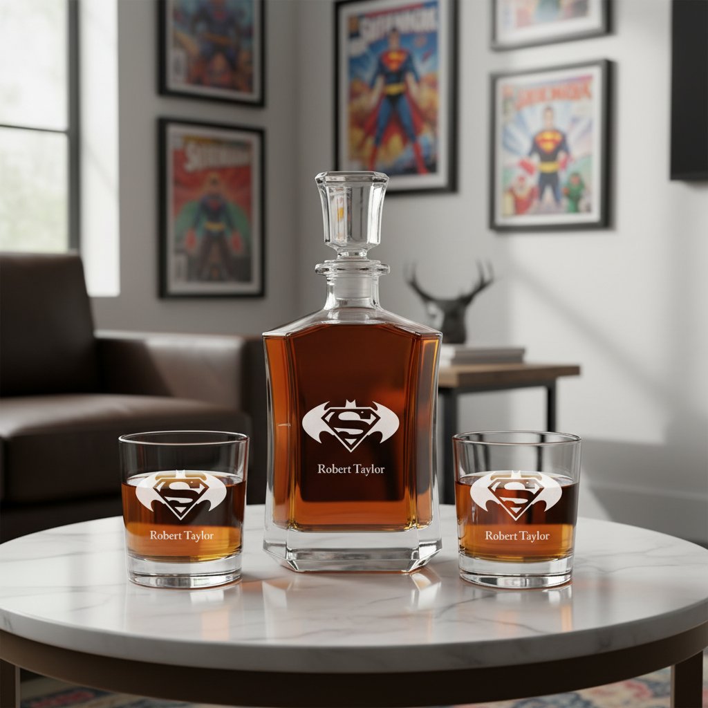 Batman and Superman Custom Crown Decanter Set - Gifts For Him - Personalized Liquor Decanter Set