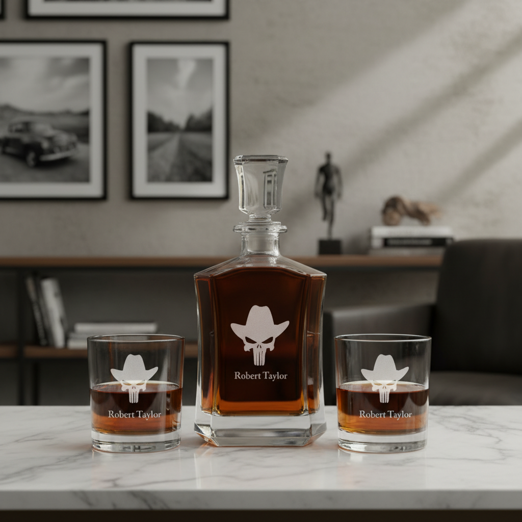 Cowboy Punisher Custom Crown Decanter Set - Gifts For Him - Personalized Liquor Decanter Set