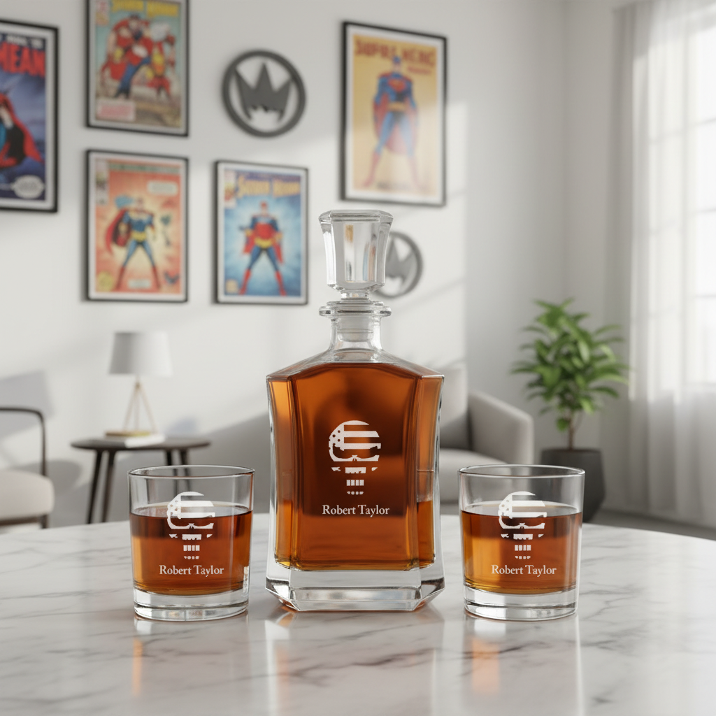 Punisher American Flag Custom Crown Decanter Set - Gifts For Him - Personalized Liquor Decanter Set