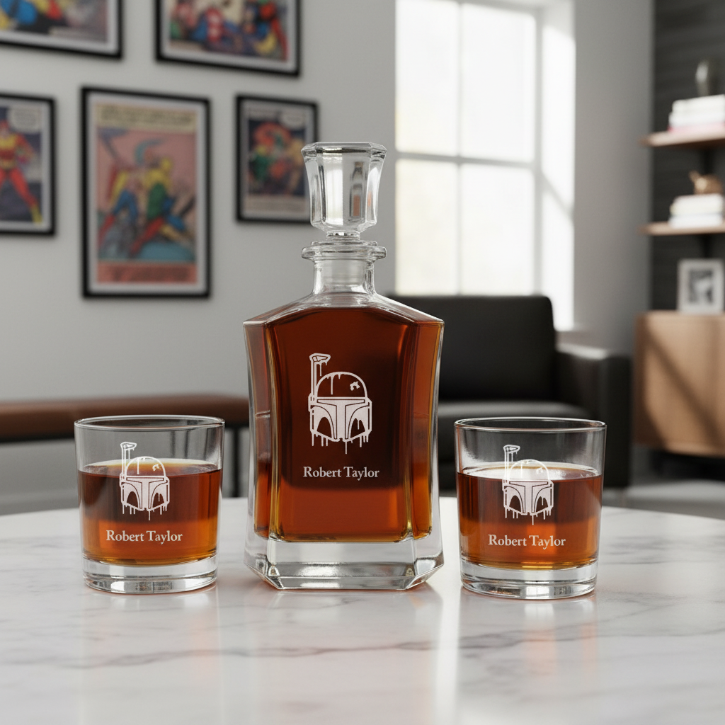 Boba Fett Blood Dripping Custom Crown Decanter Set - Gifts For Him - Personalized Liquor Decanter Set