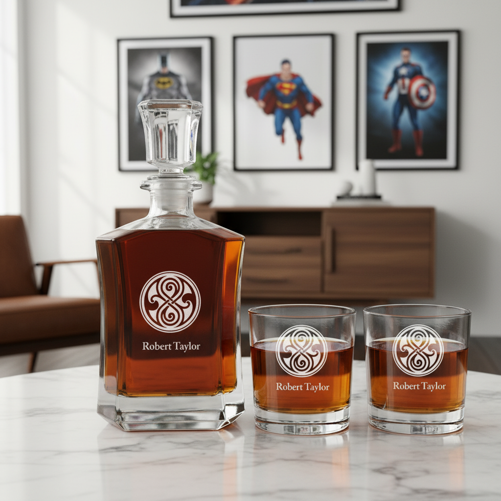 Doctor Who Time Lord Symbol - Custom Decanter Set - Personalized Crown Decanter Set with Whiskey Glasses