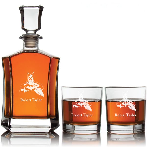 Batman with Cape - Custom Decanter Set - Personalized Crown Decanter Set with Whiskey Glasses